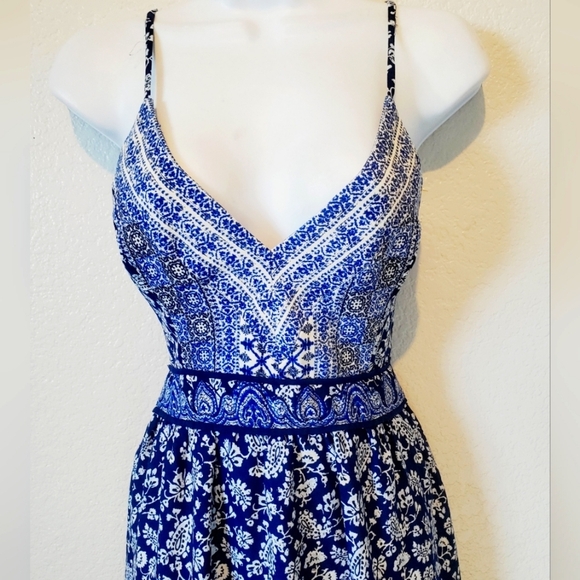 ZARA Boho Maxi Slip Dress Open Tie Back Blue & White Paisley Print Triangle - Picture 2 of 8